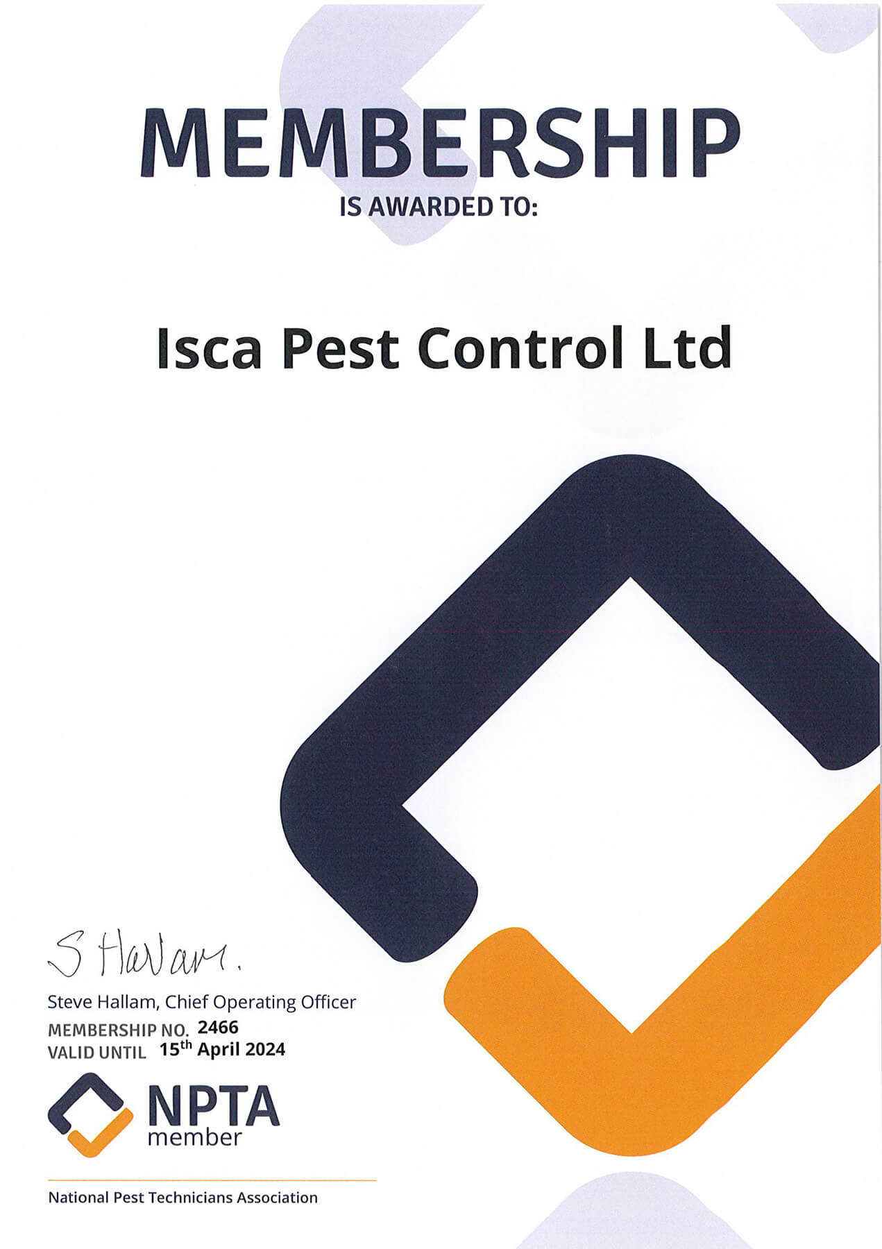Isca Pest Control NPTA Certificate - Download PDF