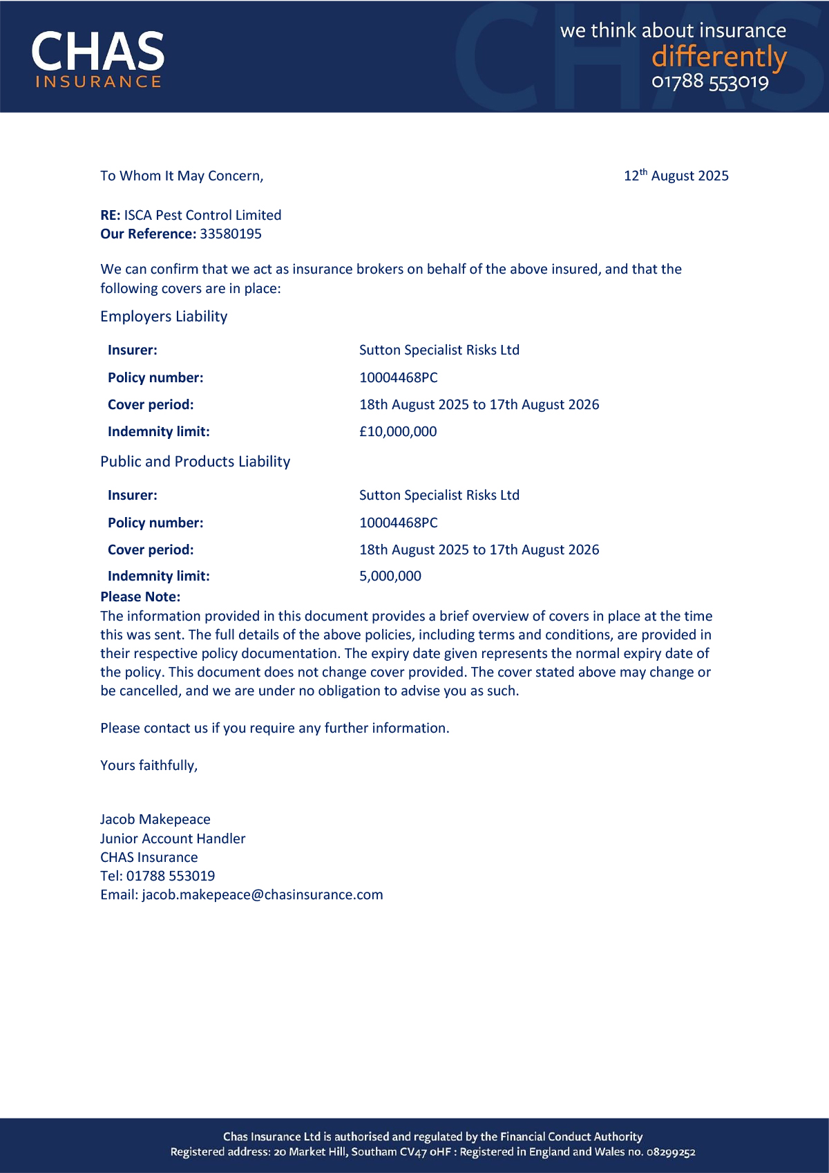 CHAS Public, Product & Employers Liability Insurance for Isca Pest Control, Exeter, Devon