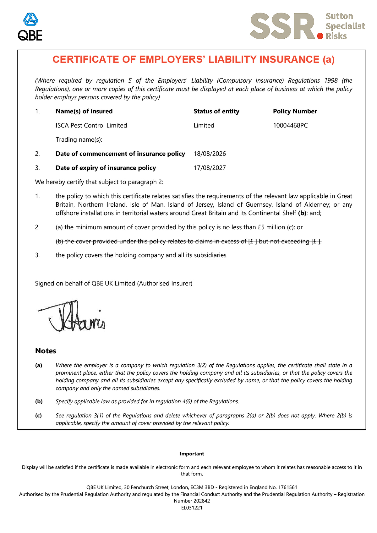 Employers Liability Insurance for Isca Pest Control, Exeter, Devon