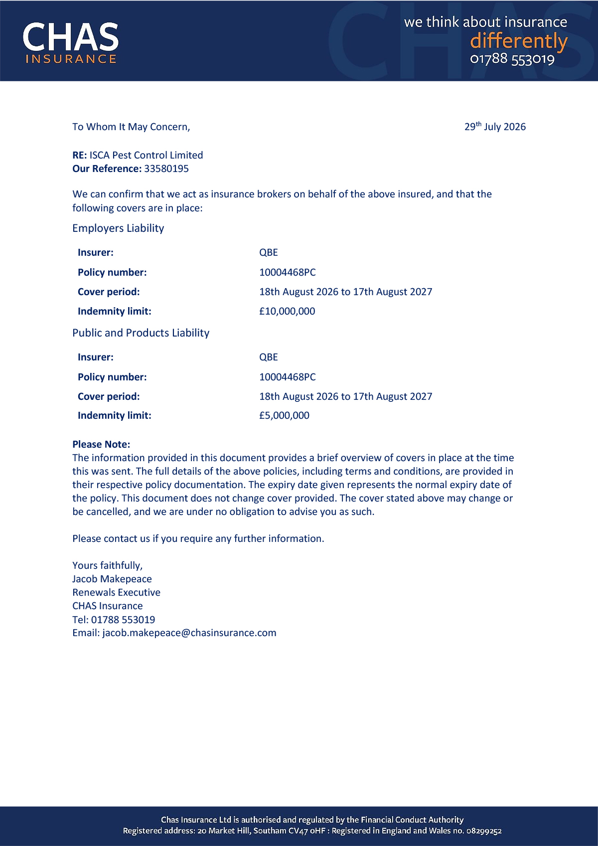 CHAS Public, Product & Employers Liability Insurance for Isca Pest Control, Exeter, Devon