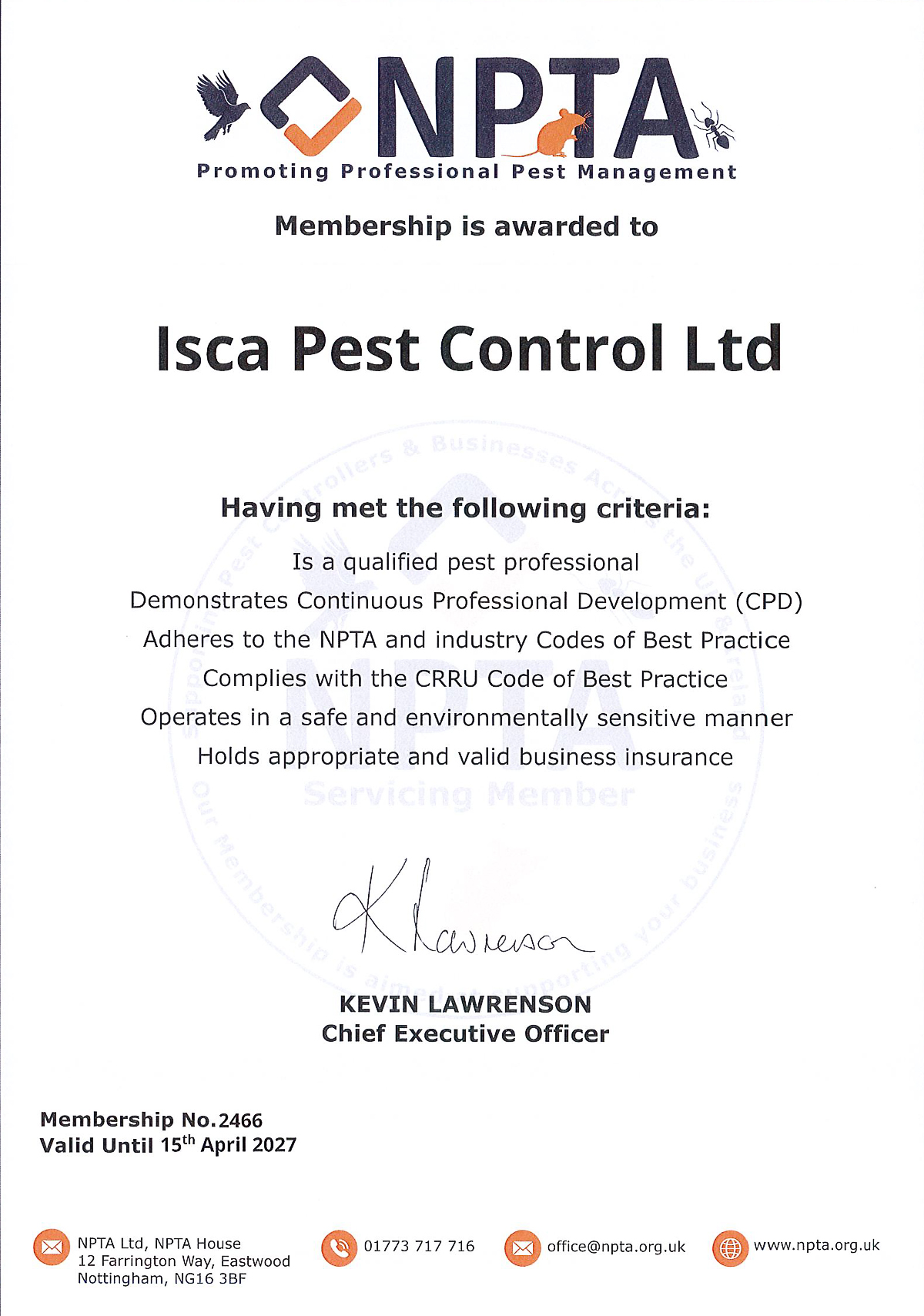 Isca Pest Control NPTA Certificate - Download PDF